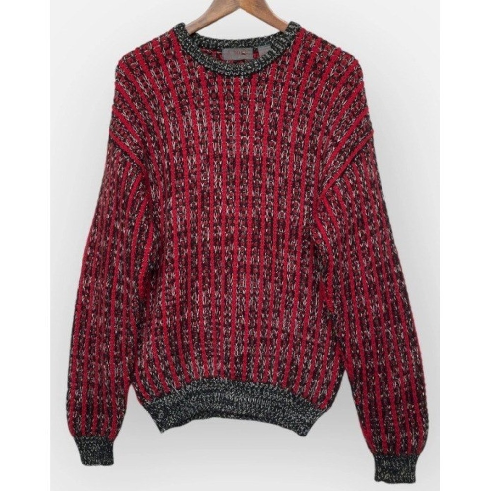 J. Todd Sweater Mens Medium Red Black Striped Chunky Knit Crewneck Vintage Good